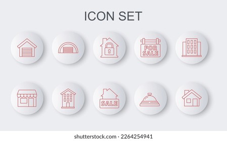 Fijar la línea House, la tienda de mercado, bajo protección, el timbre del servicio del hotel, el garaje y el cartel de colgar con el icono de venta. Vector