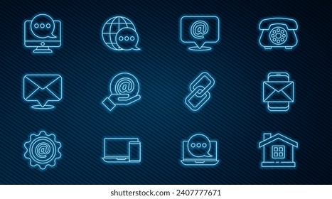 Set line House, Mobile and envelope, Mail e-mail, in hand, Envelope, Chat messages notification on monitor, Chain link and World map made from speech bubble icon. Vector