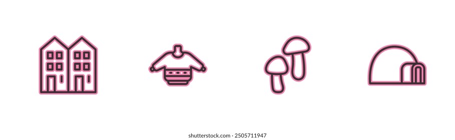 Set line House, Mushroom, Christmas sweater and Igloo ice house icon. Vector