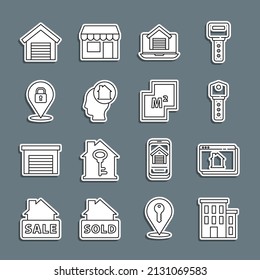 Set line House, Online real estate house, key, Man dreaming about buying, Location lock, Garage and plan icon. Vector