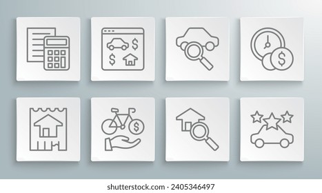 Set line House, Online real estate, Bicycle rental mobile app, Search house, Car sharing, Time is money and Calculator icon. Vector