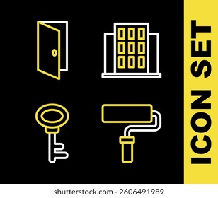 Set line House, Paint roller brush, key and Closed door icon. Vector