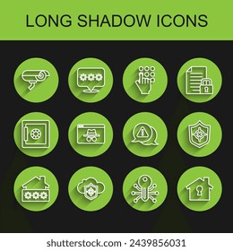 Set line House with password, Cloud and shield, Security camera, Smart key, under protection, Browser incognito window, Shield and Exclamation mark triangle icon. Vector