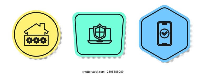 Set line House with password, Laptop protected shield and Smartphone. Colored shapes. Vector