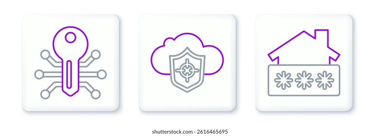 Set line House with password, Smart key and Cloud and shield icon. Vector