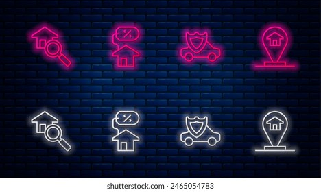 Set line House with percant, Car shield, Search house and Location. Glowing neon icon on brick wall. Vector