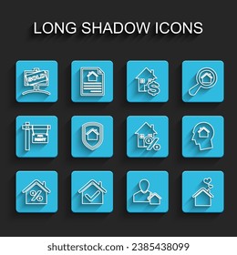 Fijar la línea Casa con percant, marca de verificación, Bandera de colgar vendida, Realtor, forma de corazón, bajo protección, Hombre soñando con comprar casa e icono. Vector