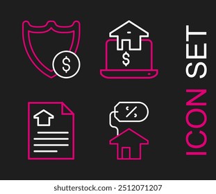 Set line House com percant, contrato, imobiliário on-line e Ícone dólar escudo. Vetor