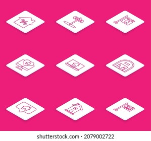 Set line House with percant discount tag, Hanging sign text Sale, Monitor house heart shape, Laptop and smart home, Warehouse, Map pointer and Home symbol icon. Vector