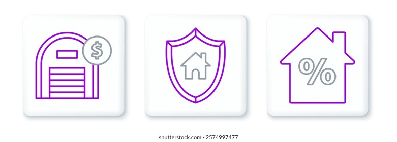 Set line House with percant discount tag, Warehouse dollar symbol and shield icon. Vector