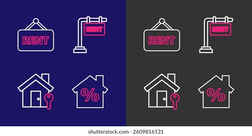 Set line House with percant discount, key, Hanging sign Rent and  icon. Vector