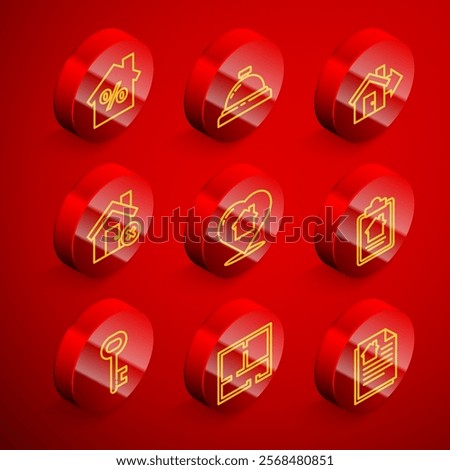 Set line House with percant discount, Hotel service bell, Sale house, wrong mark, heart shape, contract, key and plan icon. Vector