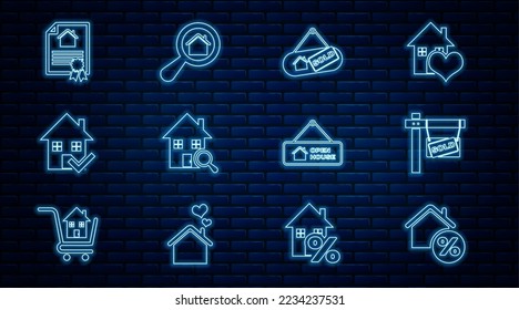 Set line House with percant, Hanging sign Sold, Search house, check mark, contract, Open and  icon. Vector