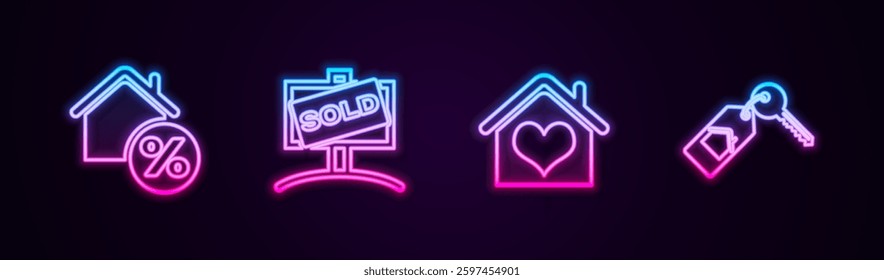 Set line House with percant, Hanging sign Sold, heart shape and key. Glowing neon icon. Vector