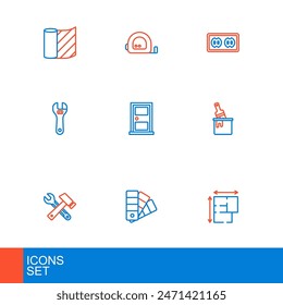 Set line House plan, Color palette guide, Window in room, Paint bucket with brush, Adjustable wrench, Closed door, Electrical outlet and Roulette construction icon. Vector