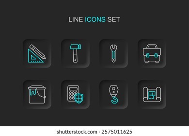 Set line House plan, Crane hook, Security keypad access panel, Paint bucket, Toolbox, Wrench spanner, Hammer and Triangular ruler and pencil icon. Vector