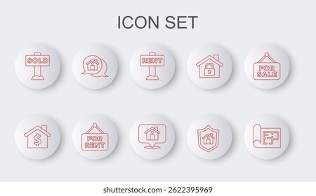 Plan de la casa, con el símbolo del dólar, signo colgante Alquiler, escudo, texto Vendido, casa del mensaje de la propiedad inmobiliaria, Para y icono de la Locación. Vector