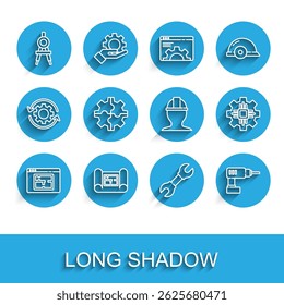 Set line House plan, Drawing compass, Wrench spanner, Electric drill machine, Gear, Processor and Worker safety helmet icon. Vector
