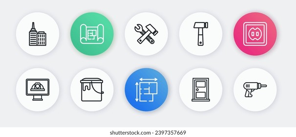 Ajuste el plano de la línea House, toma eléctrica, casco de seguridad del trabajador, puerta cerrada, martillo y llave inglesa, máquina de perforación e icono del balde de pintura. Vector