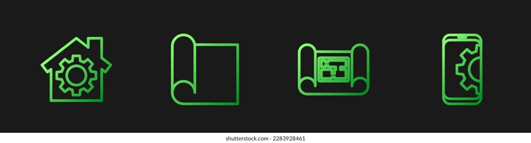 Set line House plan, with gear, Graphing paper for engineering and Setting on smartphone. Gradient color icons. Vector