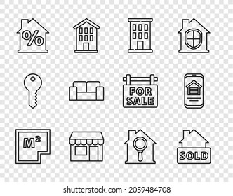Set-Line-House-Plan, Hanging-Zeichen mit Text Sold, Market-Store, Perkussion Rabatt, Sofa, Suche Haus und Online-Immobilien-Symbol. Vektorgrafik