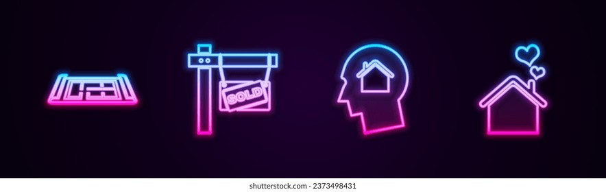 Set line House plan, Hanging sign with Sold, Man dreaming about buying house and heart shape. Glowing neon icon. Vector