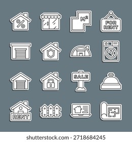 Plan de la casa, campana de servicio del hotel, lavadora, con el escudo, garaje, descuento percant e ícono del almacén. Vector