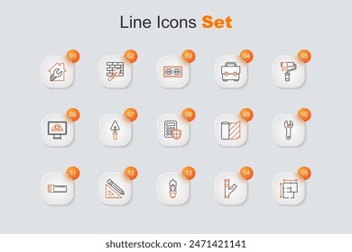 Set line House plan, Industry metallic pipe, Light bulb, Triangular ruler and pencil, Hand saw, Adjustable wrench, Wallpaper and Security keypad access panel icon. Vector