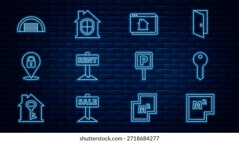 Plan de la casa, llave, casa de bienes raíces en línea, signo colgante con alquiler, cerradura de la Locación, garaje, estacionamiento y bajo icono de protección. Vector