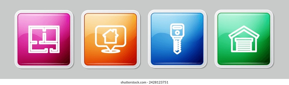 Set line House plan, Location with house, key and Garage. Colorful square button. Vector