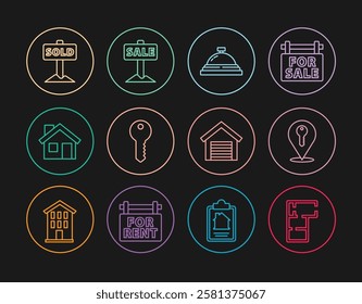 Set line House plan, Location key, Hotel service bell, Hanging sign with text Sold, Garage and Sale icon. Vector