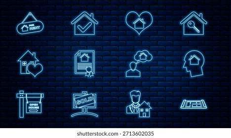 Plan de la casa, el hombre que sueña con comprar la casa, con la forma del corazón, contrato, signo colgante para el alquiler, e icono de la marca de verificación. Vector
