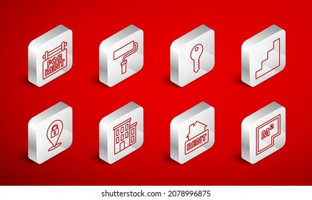 Set line House plan, Paint roller brush, key, Staircase, Hanging sign with Rent, For,  and Location lock icon. Vector