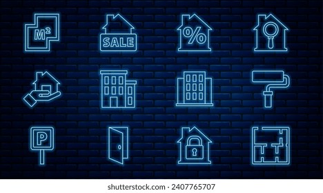 Setzen Sie die Linie House Plan, Paint Walzen Pinsel, mit Rabatt, Realtor und Hanging Zeichen Verkauf Symbol. Vektorgrafik