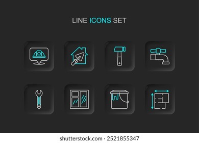 Set line House plan, Paint bucket, Window room, Wrench spanner, Water tap, Hammer, with trowel and Worker safety helmet icon. Vector