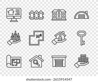 Set line House plan, Skyscraper, Search house, Online real estate, Garage and key icon. Vector