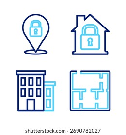 Plan de la casa, bajo protección e icono de bloqueo de Locación. Vector