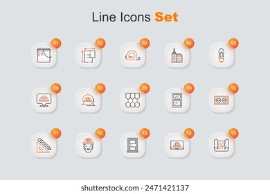 Set line House plan, Worker safety helmet, Closed door, Builder, Triangular ruler and pencil, Electrical outlet, Hammer wrench spanner and Roof tile icon. Vector