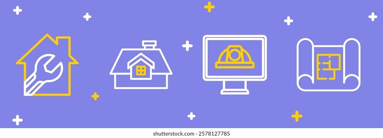 Set line House plan, Worker safety helmet,  and with wrench spanner icon. Vector