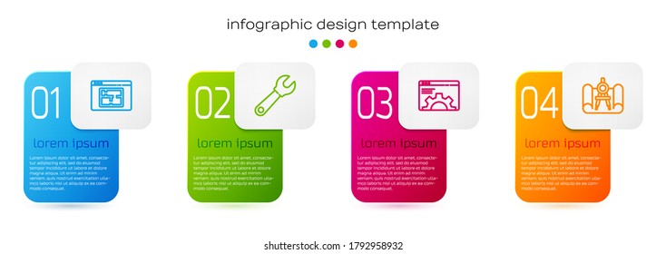 Set line House plan, Wrench spanner, Browser setting and Graphing paper and compass. Business infographic template. Vector