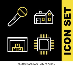 Set line House, Processor with microcircuits CPU, Warehouse and Microphone icon. Vector