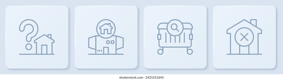 Set line Haus mit Fragezeichen, Suche nach Nahrung, Obdachlose Pappe Haus und Nr. Weiße quadratische Taste. Vektor