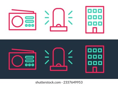 Set line House, Radio and Flasher siren icon. Vector