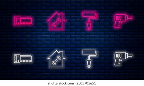 Set line House repair, Paint roller brush, Hand saw and Electric drill machine. Glowing neon icon on brick wall. Vector