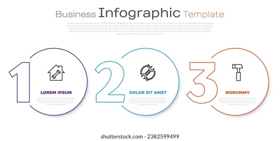 Set line House repair, Wrench and arrows as workflow and Hammer. Business infographic template. Vector