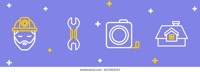 Set line House, Roulette construction, Wrench spanner and Builder icon. Vector