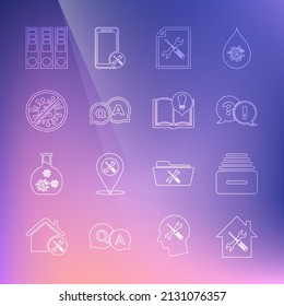 Set line House service, Drawer with documents, Question and Exclamation, File, Answer, Stop virus, bacteria, Office folders and Interesting facts icon. Vector