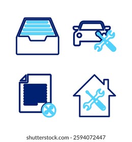 Set line House service, File document, Car and Drawer with documents icon. Vector