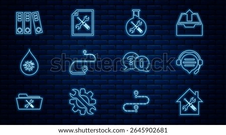 Set line House service, Headphones with speech bubble chat, Bioengineering, Route location, Dirty water drop, Office folders, Question and Exclamation and File document icon. Vector