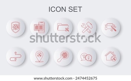 Set line House service, Route location, Folder, Question and Exclamation, Stop virus, bacteria, Smartphone book, Location and Microorganisms under magnifier icon. Vector